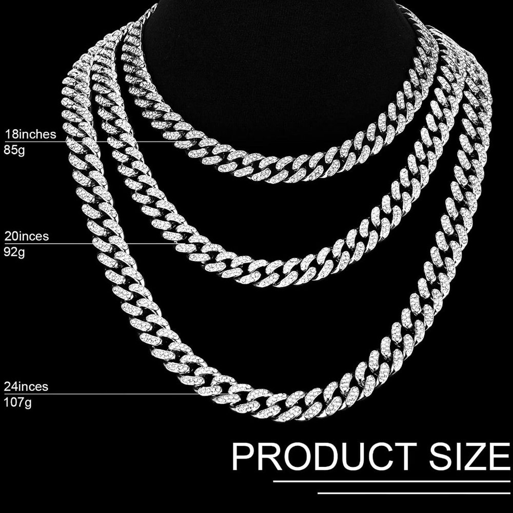 New Cuban Link Chain Necklace Bracelet Rhinestone Hoop Earrings Set - Picture 4 of 8